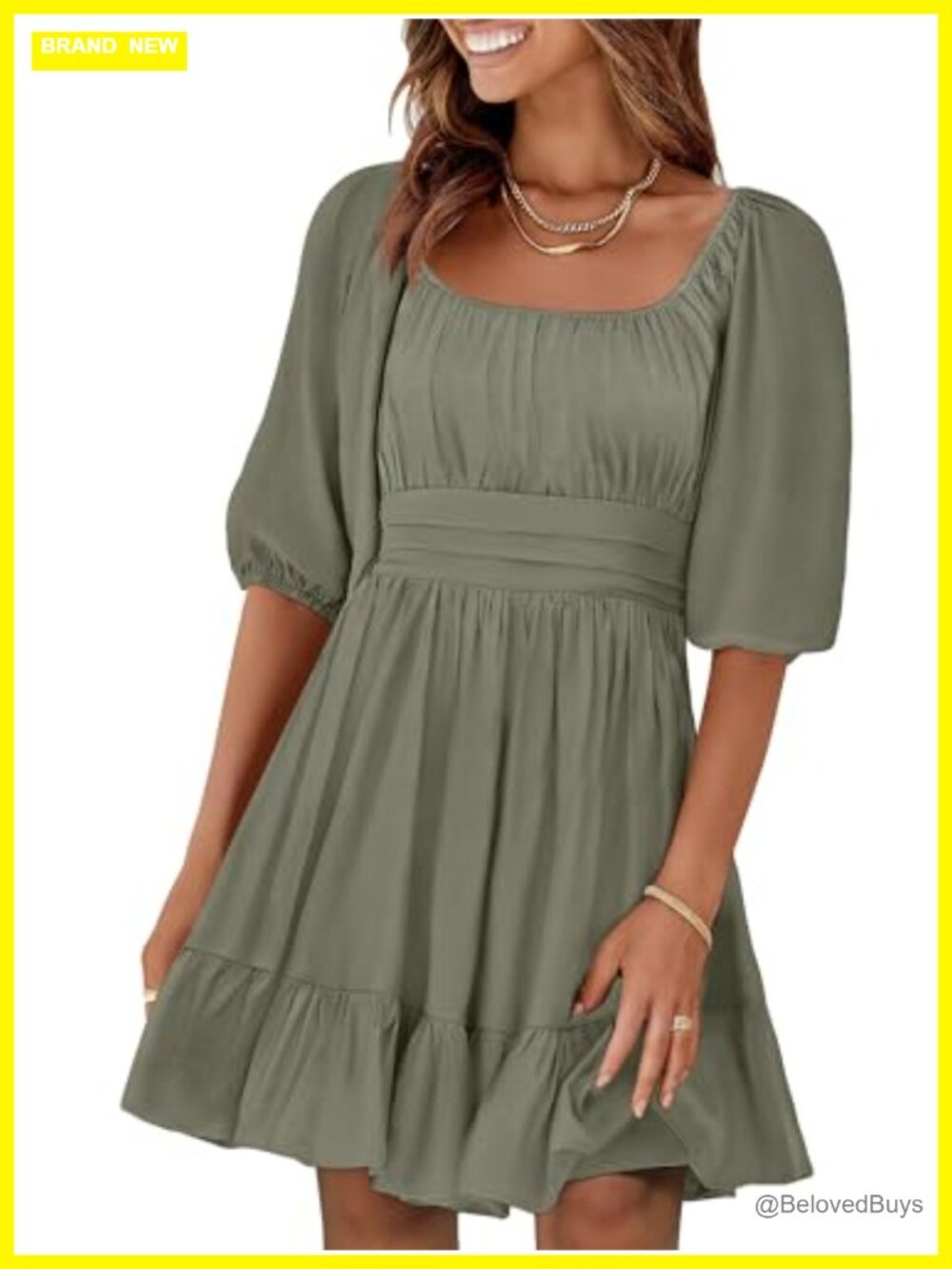 Women's Square Neck Lantern Sleeve Mini Dress A-Line Tie Waist Casual